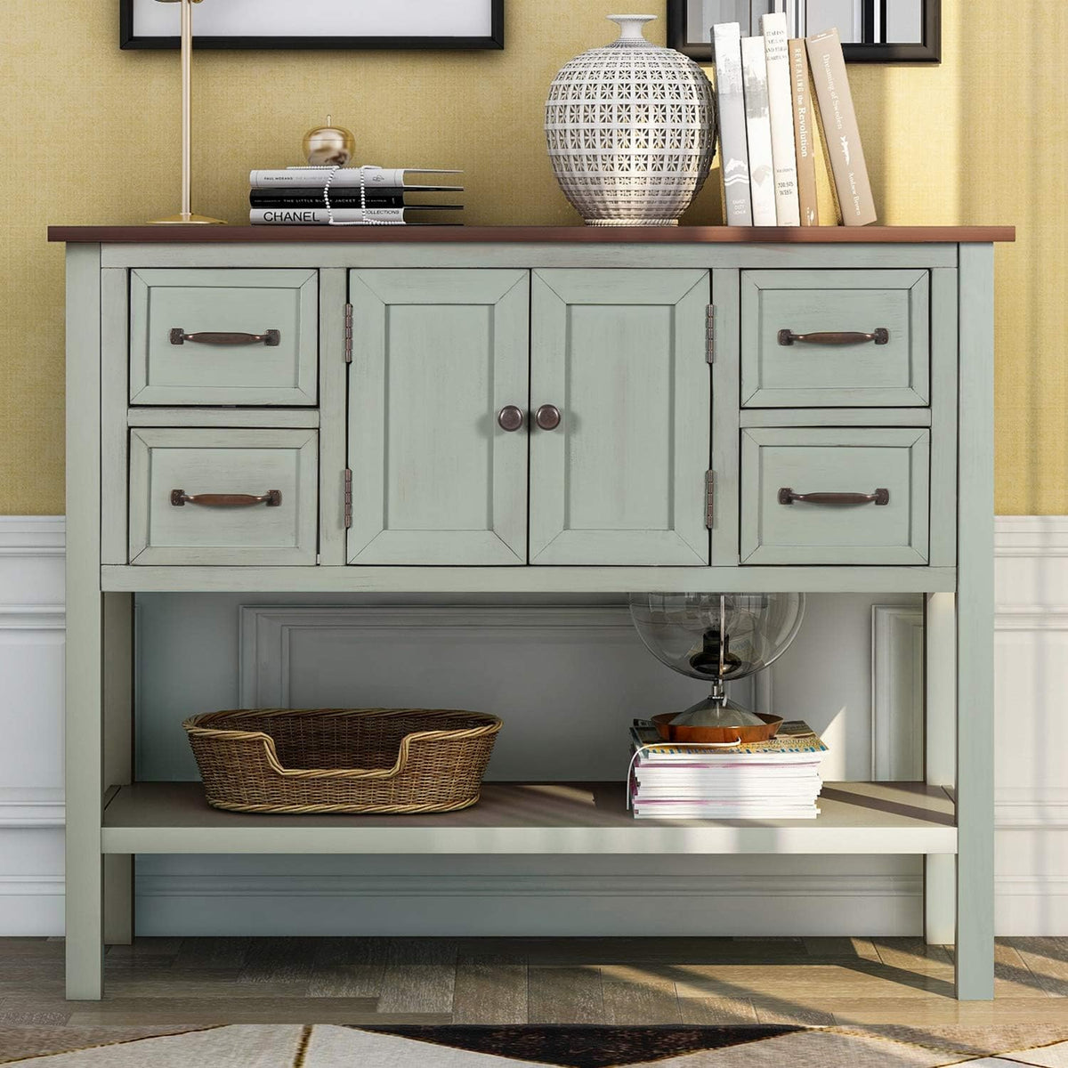 Green Wood Buffet Storage Cabinet with Drawers P33851