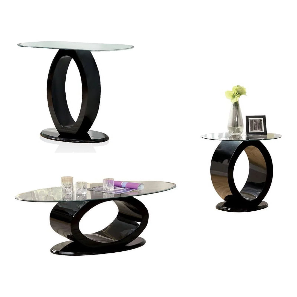 Black 3-Piece Tempered Glass Top Coffee Table Set Y9516