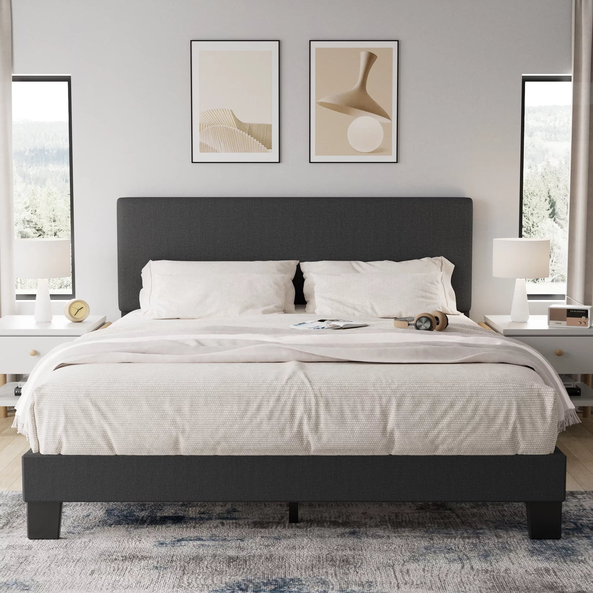 Queen Size Dark Gray Upholstered Bed Frame Y447