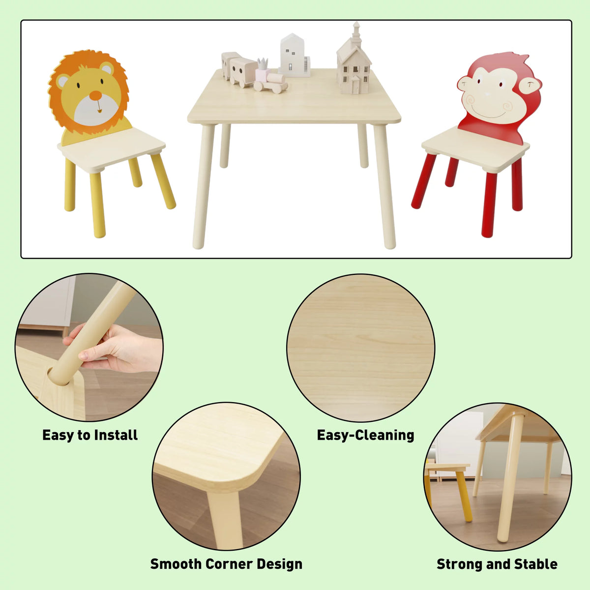 Kids Table and 2 Chairs Set 3-Piece Toddler Wooden Activity Play Table Set D481377