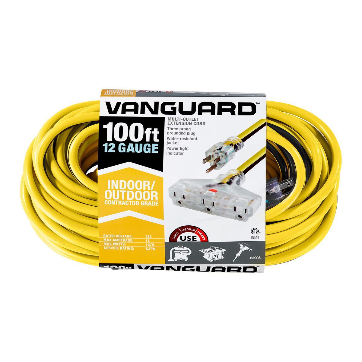 100 ft. 12/3 Gauge Multiple Outlet Extension Cord with Indicator Light, Yellow, Black C916