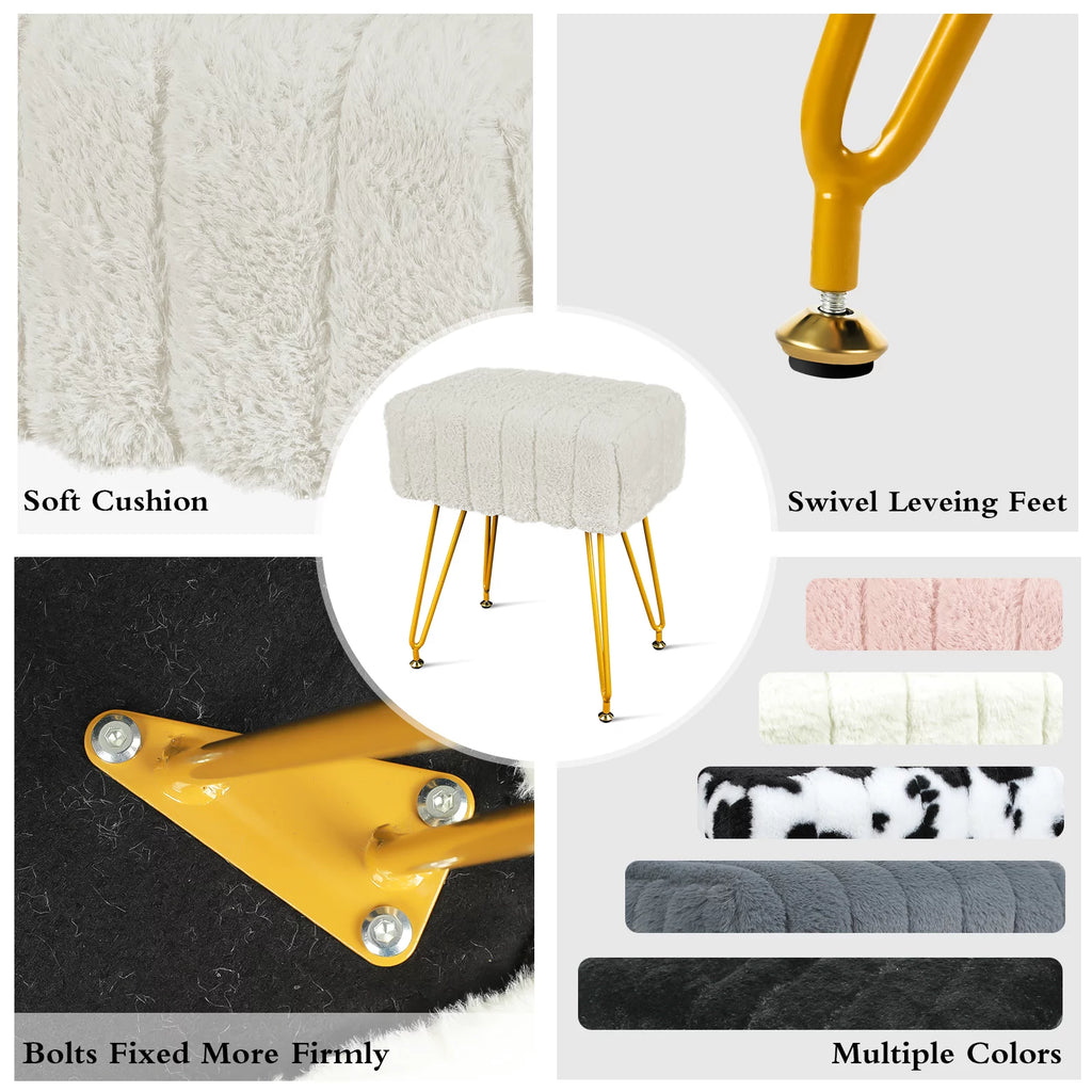 Square Faux Mink Upholstered Ottoman with Gold Legs H181019