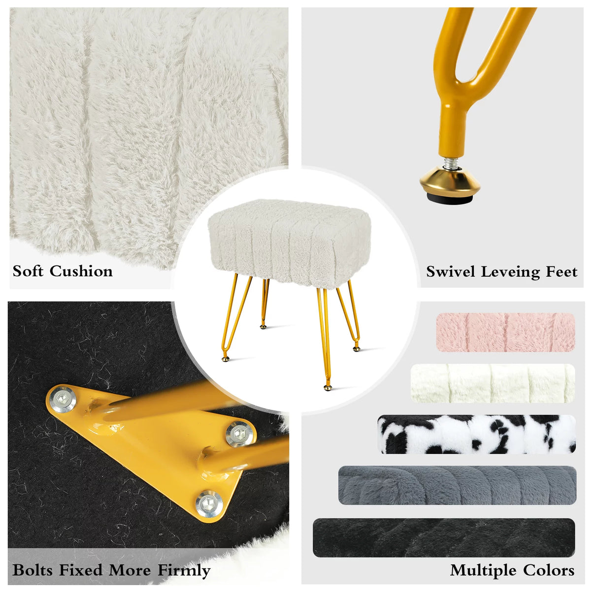 Square Faux Mink Upholstered Ottoman with Gold Legs H181019