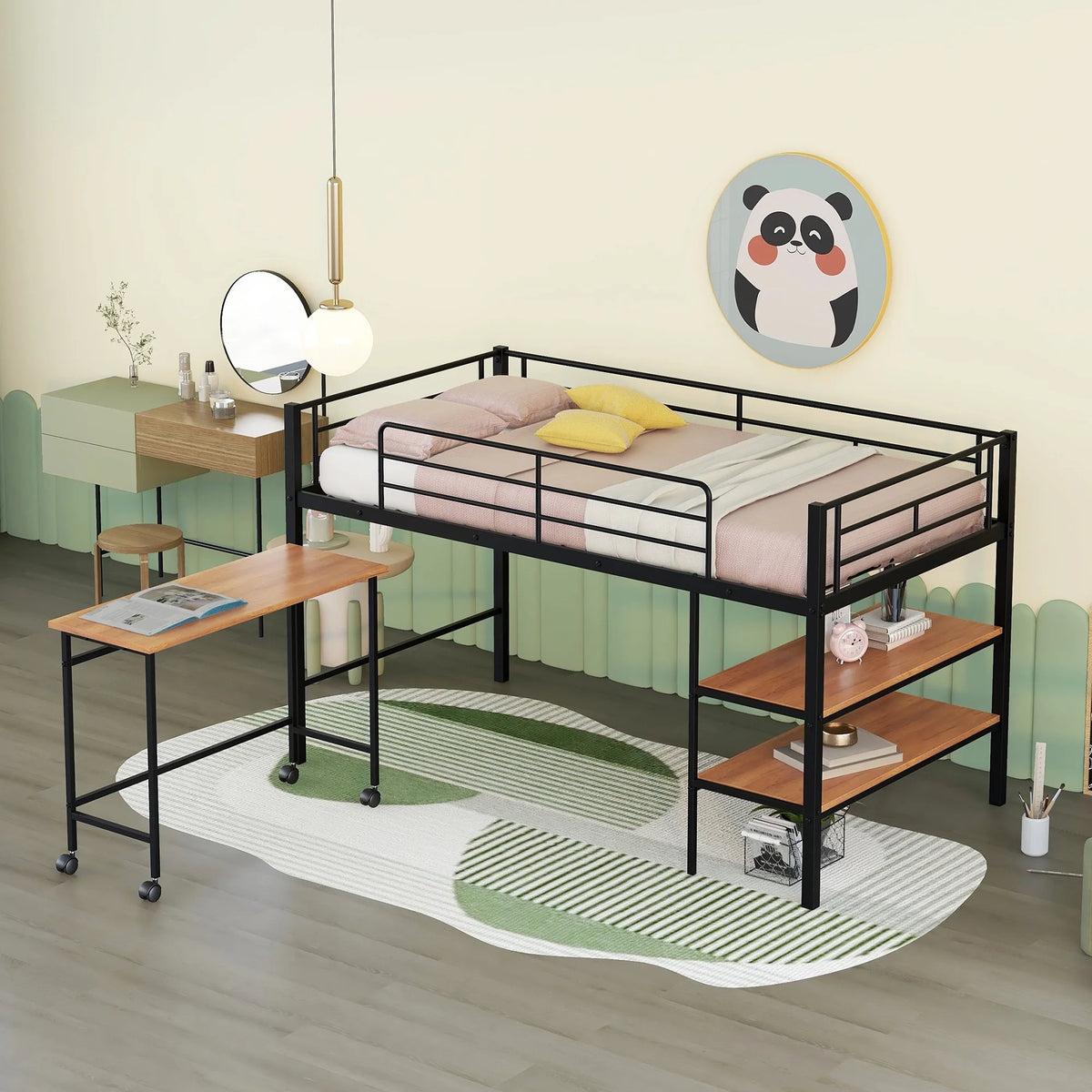 Twin Size Black Metal Loft Bed with Desk and Shelving H765