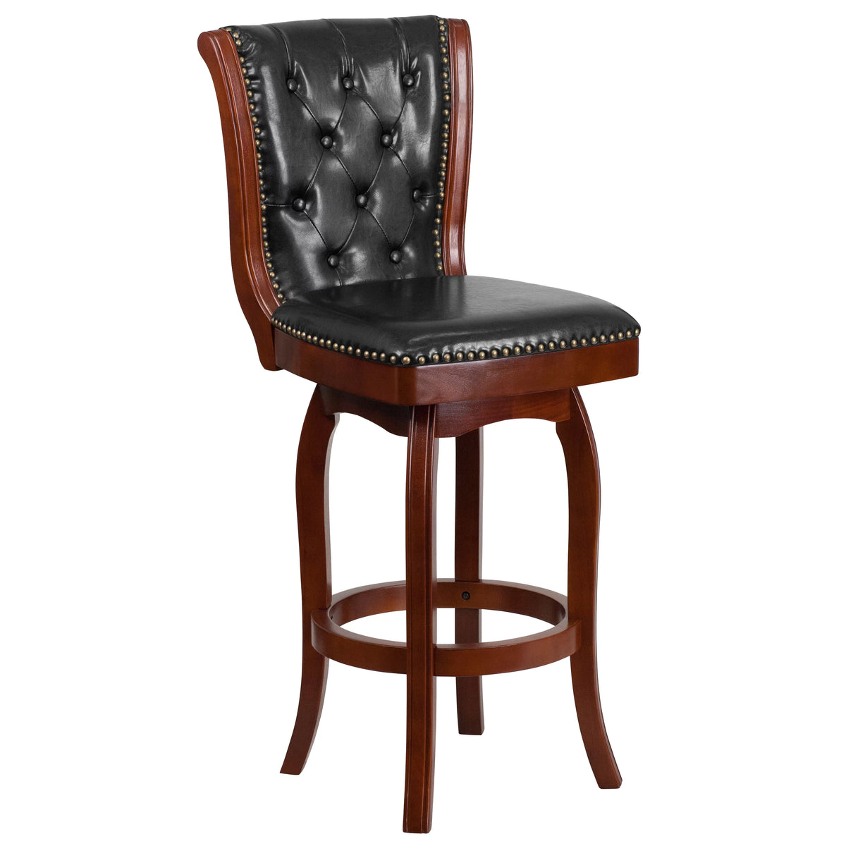 30'' High Cherry Wood Swivel Barstool with Tufted Back E3893