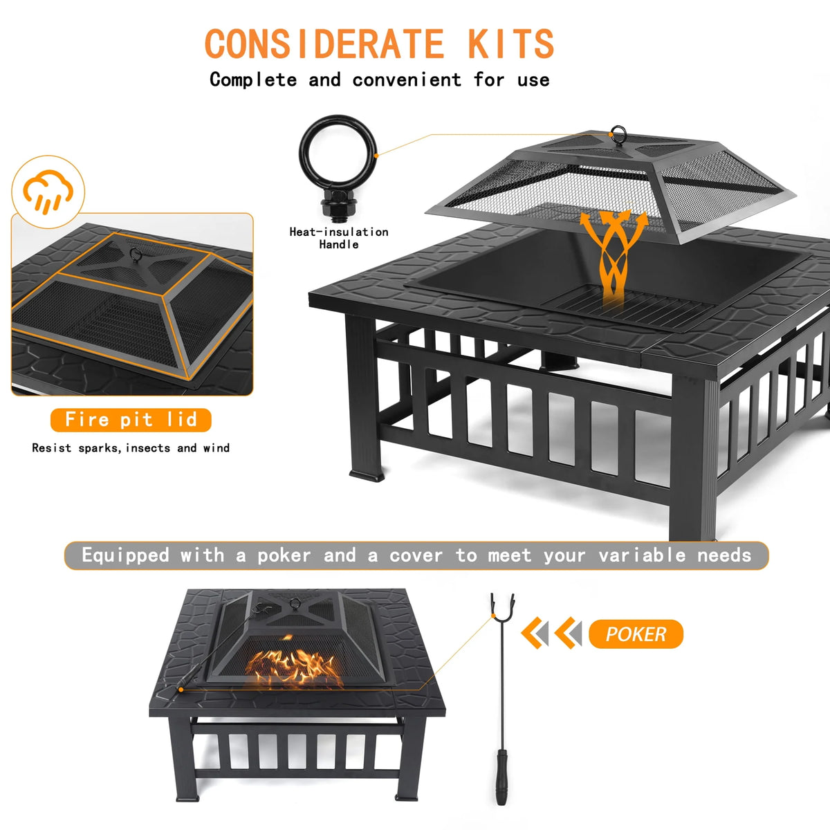 32 Square Metal Fire Pit Table with Spark Screen & Log Poker R774075