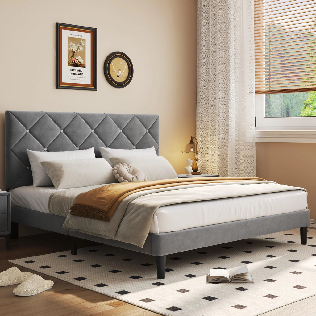 Black Queen Size Upholstered Platform Bed Frame with Headboard W41693