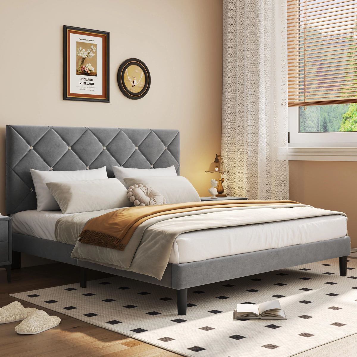 Black Queen Size Upholstered Platform Bed Frame with Headboard W41693