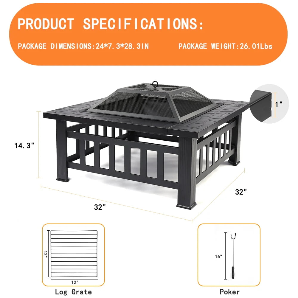 32 Square Metal Fire Pit Table with Spark Screen & Log Poker R774075