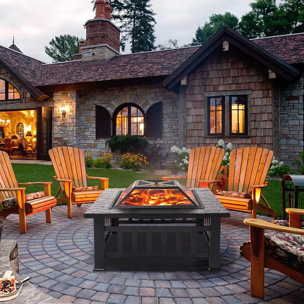 32 Square Metal Fire Pit Table with Spark Screen & Log Poker R774075