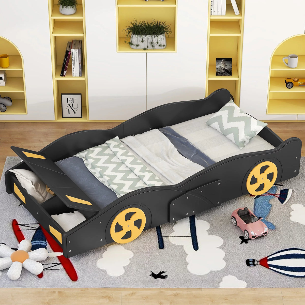 Twin Size Wood Platform Bed Frame with Storage and Wheels A124136