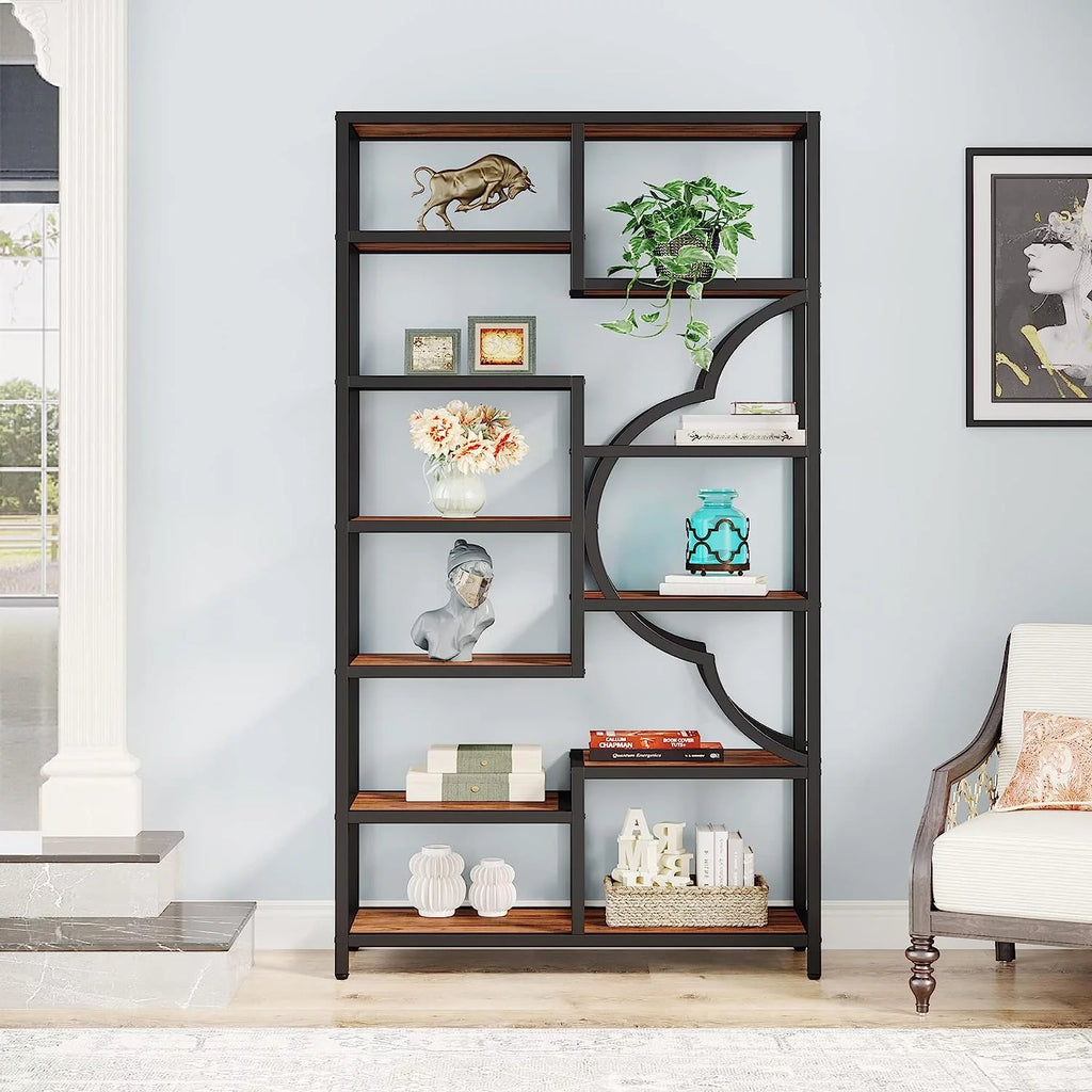 75 Inch Tall 11-Shelves Staggered Brown Bookshelf X272
