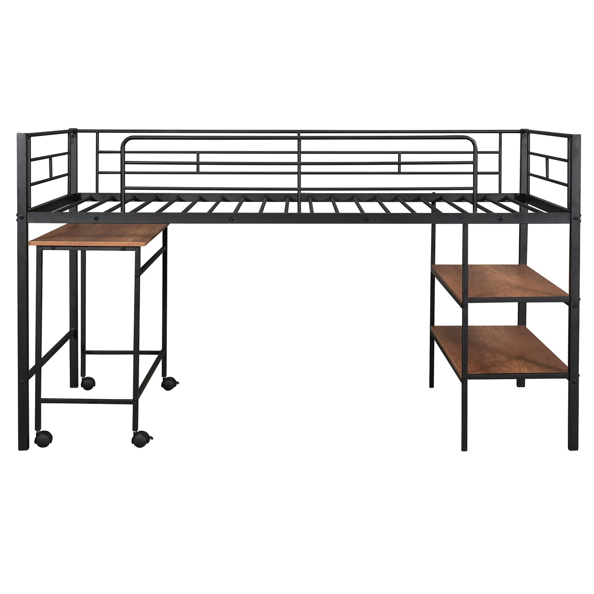 Twin Size Black Metal Loft Bed with Desk and Shelving H765