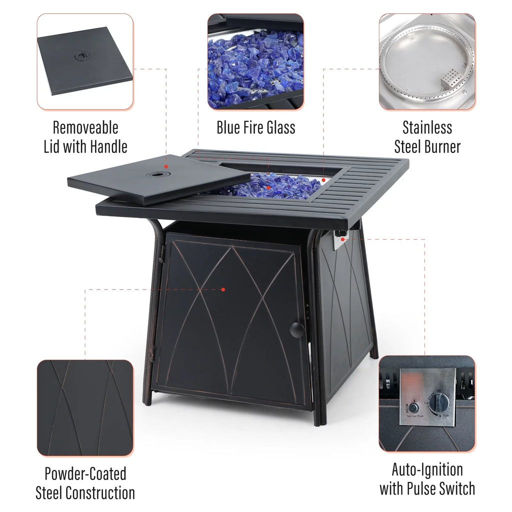 28 inch Outdoor Gas Fire Pit Table with Lid 50,000 BTU C730