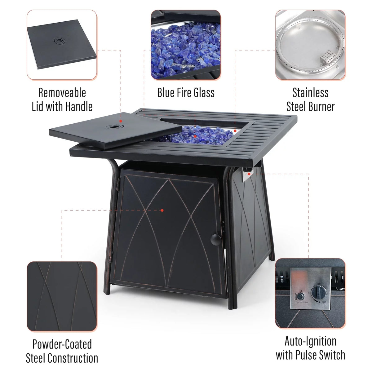 28 inch Outdoor Gas Fire Pit Table with Lid 50,000 BTU C730