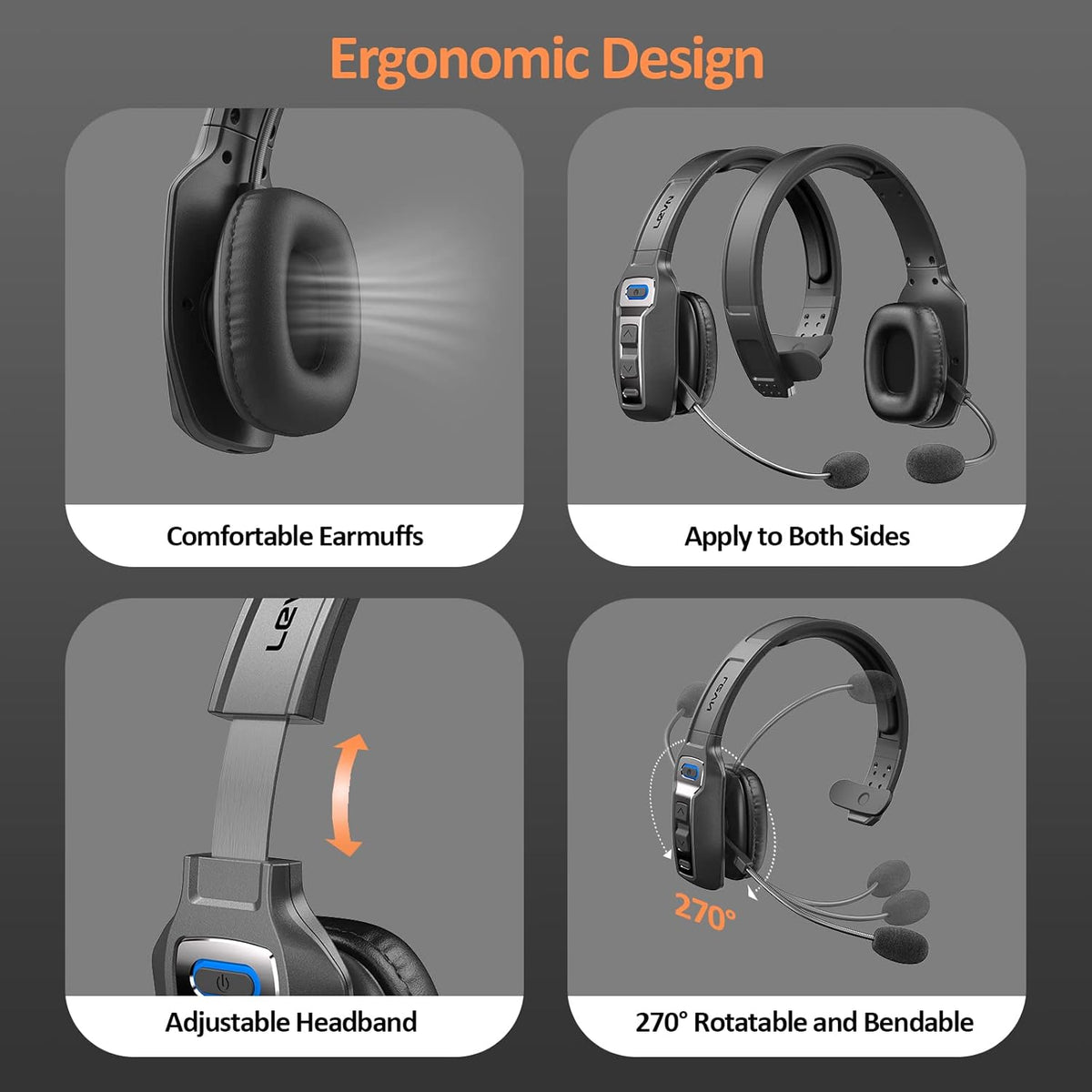 Bluetooth Headset with Microphone, AI Noise Cancelling, 60 Hrs Wireless On-Ear Headphones E2144