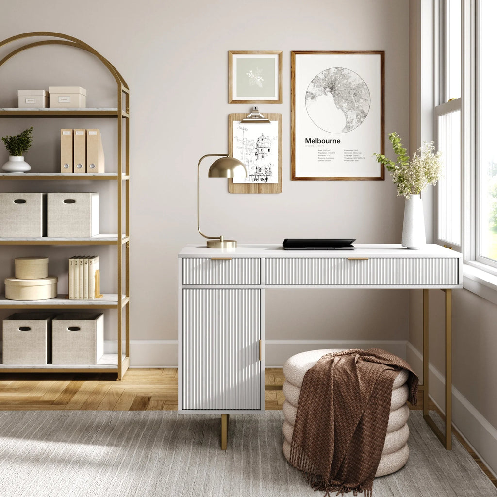 White Computer Desk with Drawers and Cabinet Storage B361482