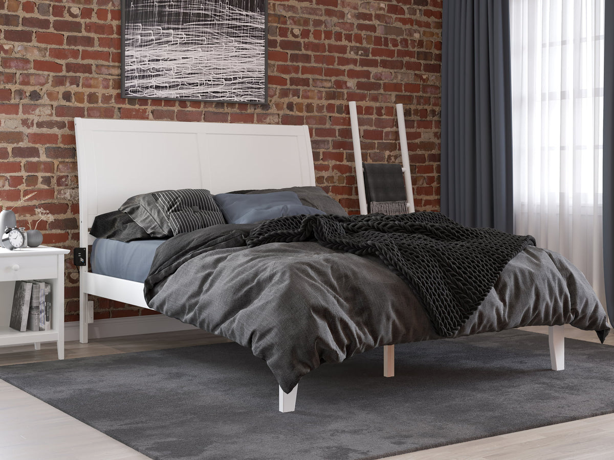 Queen Wood Platform Bed Frame with Sleigh Headboard, White Q361