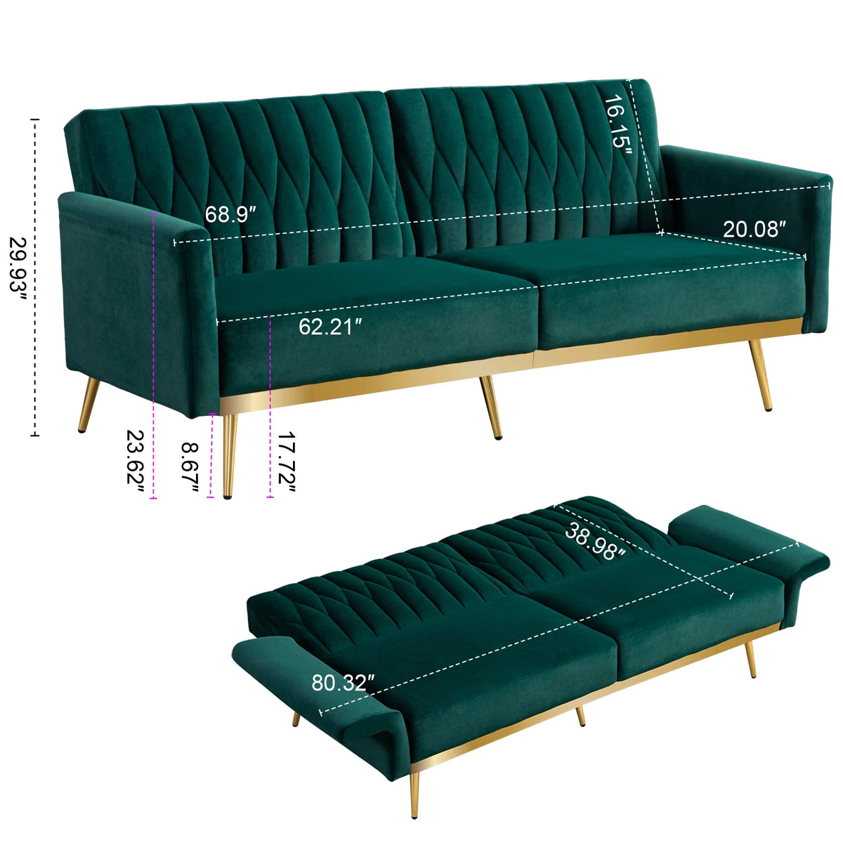 Green Velvet Convertible Futon Sofa Bed E294592