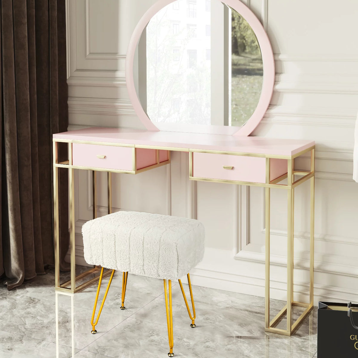 Square Faux Mink Upholstered Ottoman with Gold Legs H181019