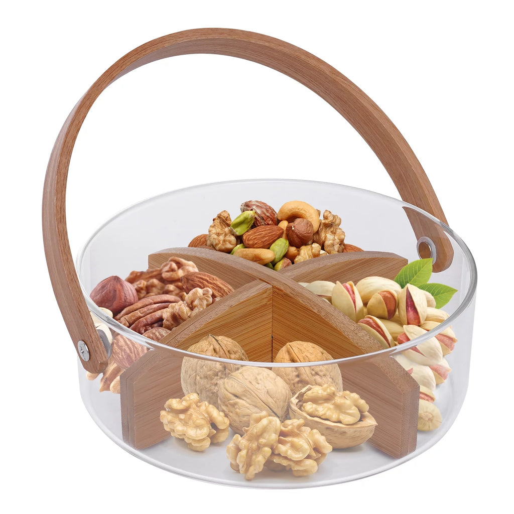 Clear Glass Fruit Serving Bowl with Wood Divider U70954