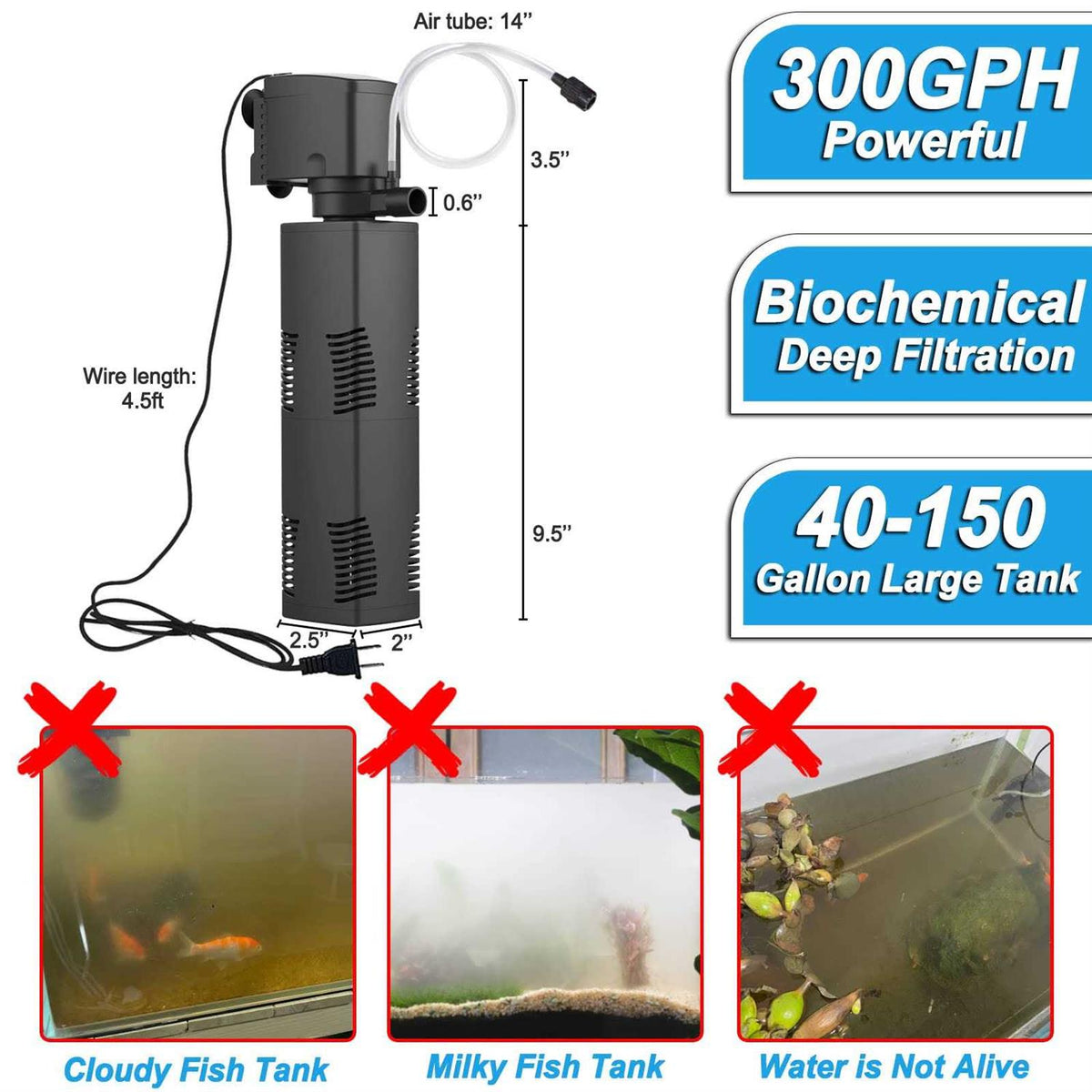 Aquarium Filter 300gph Submersible Internal Fish Tank Filter O5265
