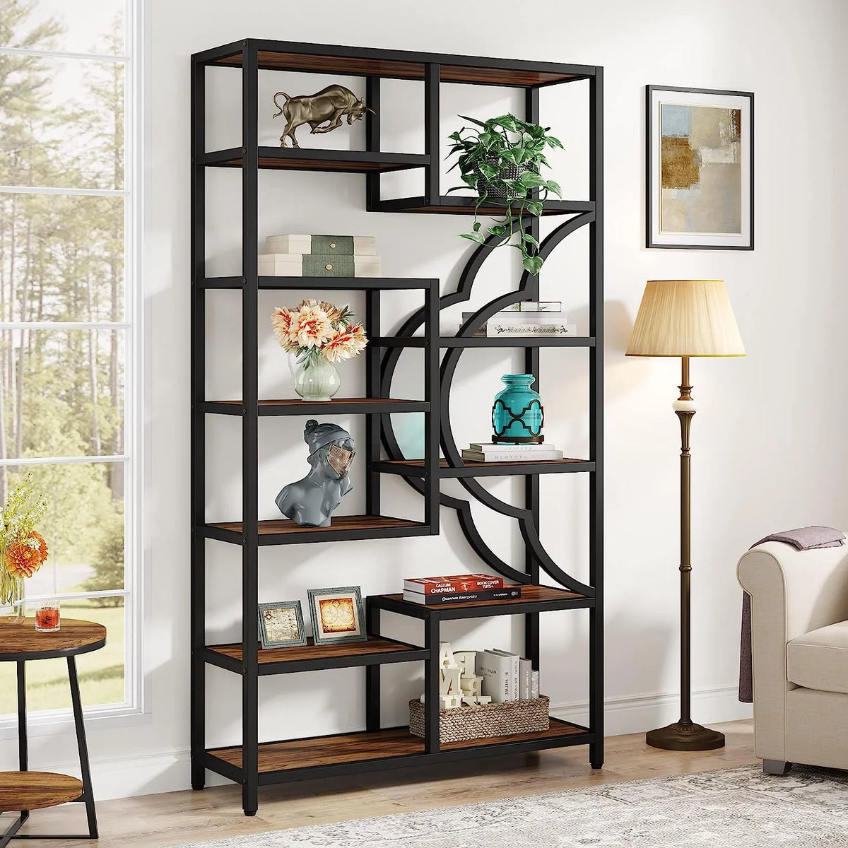 75 Inch Tall 11-Shelves Staggered Brown Bookshelf X272