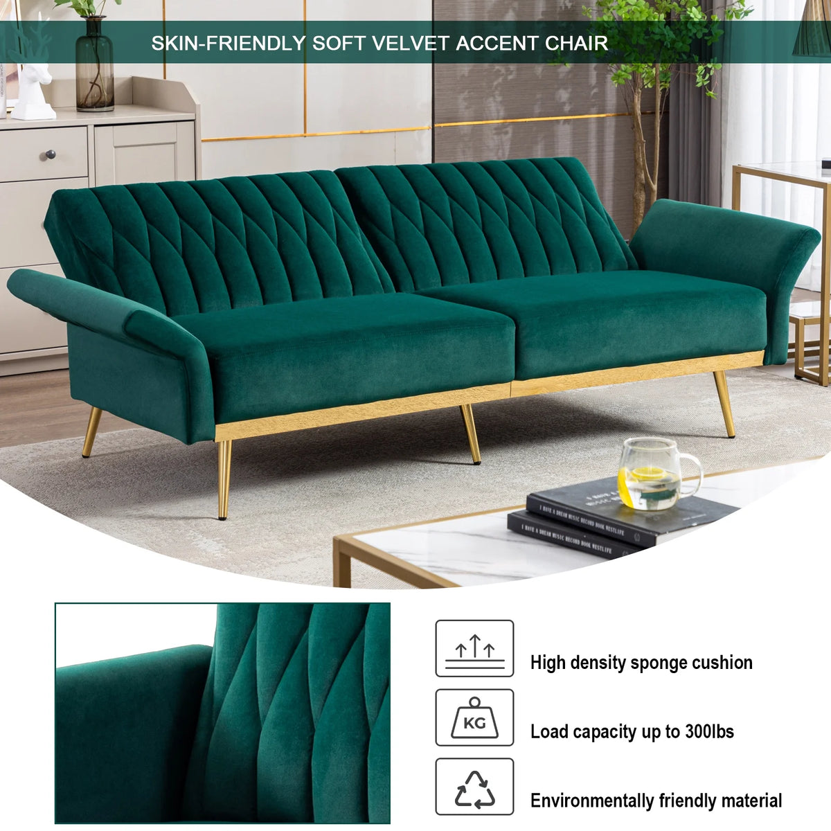 Green Velvet Convertible Futon Sofa Bed E294592