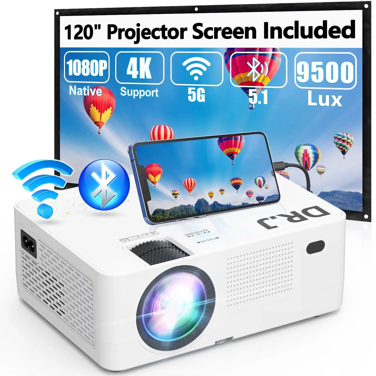 1080P 5G Wifi Bluetooth Projector with 120 Screen J4654