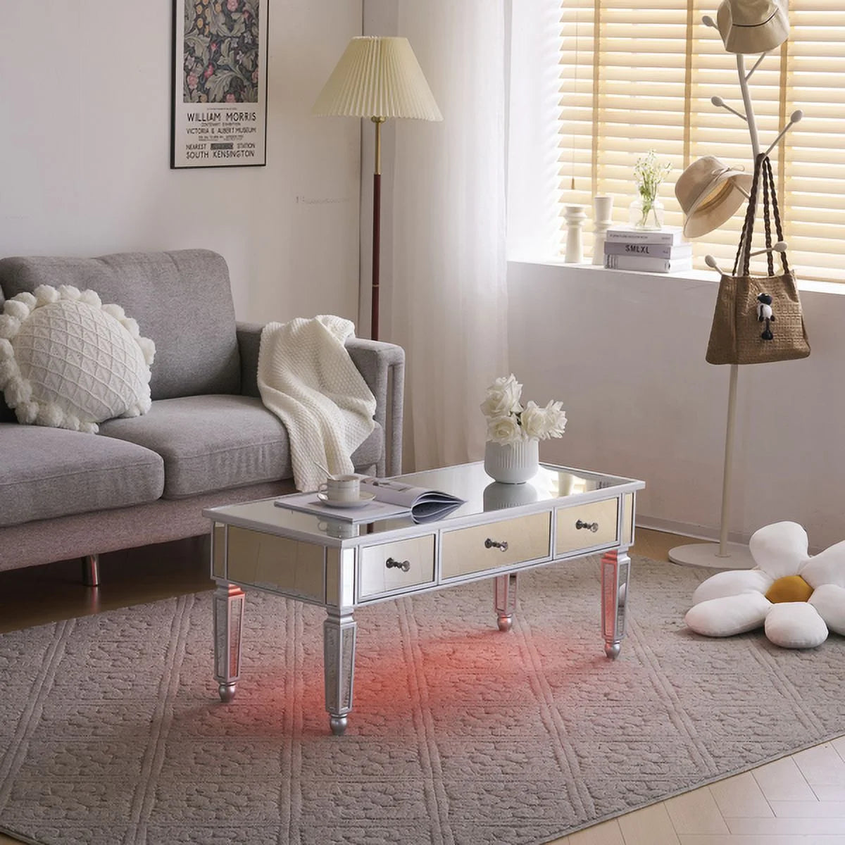 Mirrored Coffee Table with LED Light and Storage V76023