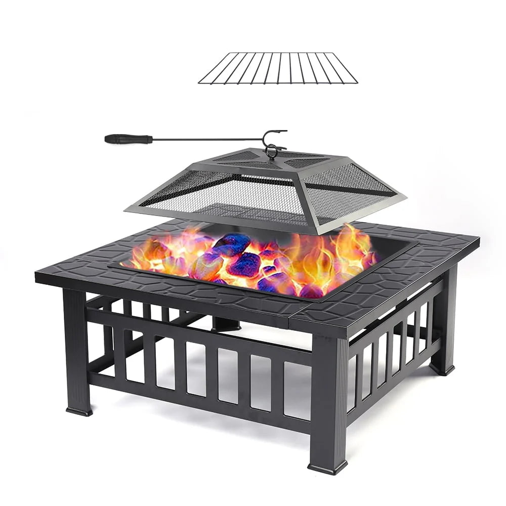 32 Square Metal Fire Pit Table with Spark Screen & Log Poker R774075