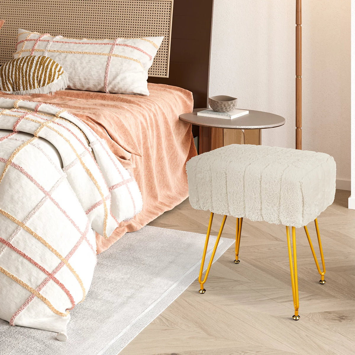 Square Faux Mink Upholstered Ottoman with Gold Legs H181019
