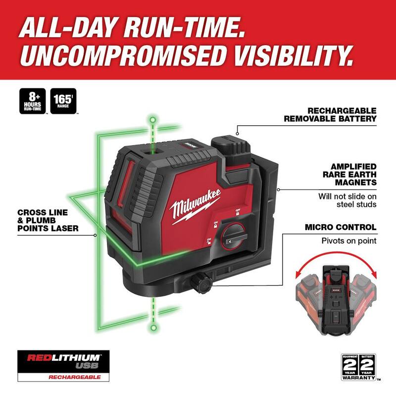 Green Cross Line and Plumb Points Rechargeable Laser Level Kit T370