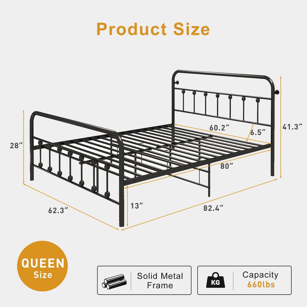 Queen Size Black Metal Bed Frame with Headboard and Footboard O58352
