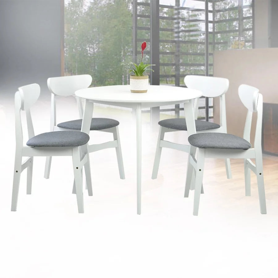 Set of 2 Chairs and Round Dining Table Solid Wood Padded Seat White Q270665