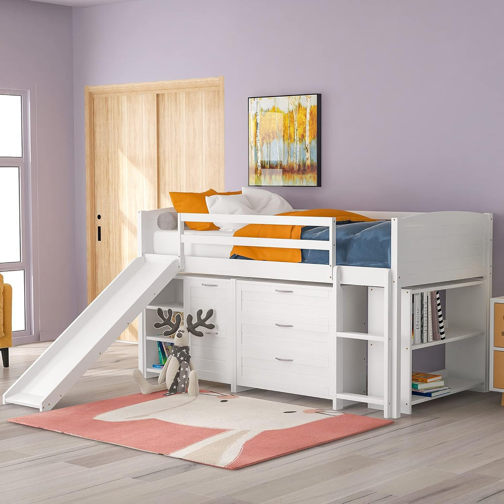 Twin Loft Bed with Slide, Ladder and Guardrail U911597