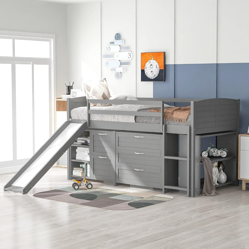 Twin Loft Bed with Slide, Ladder and Guardrail U911597