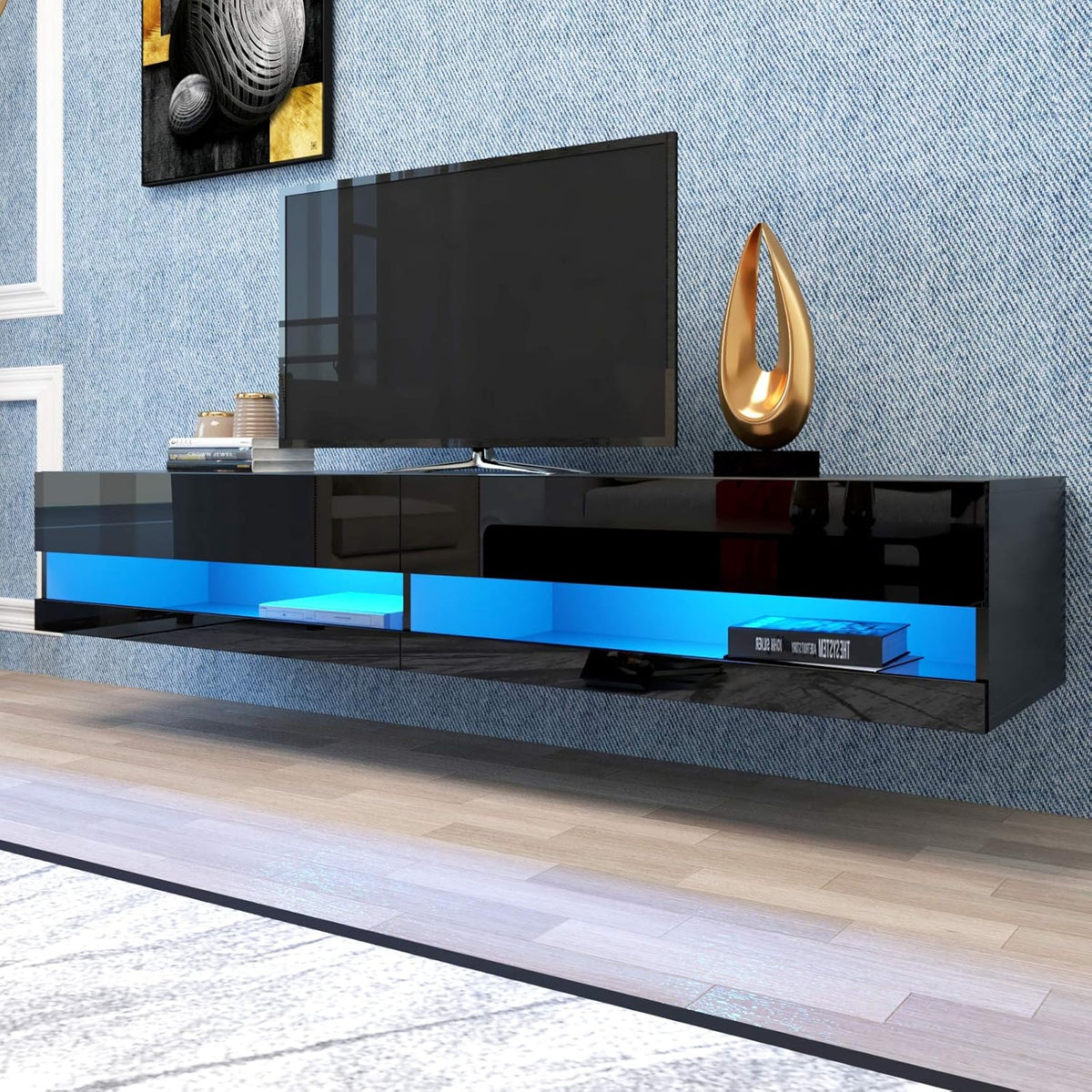Black Wall Mounted TV Stand with LED Lights and Storage Q976