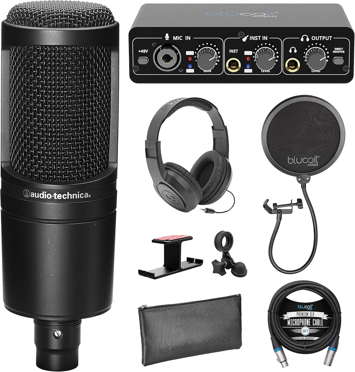 Cardioid Condenser Studio XLR Microphone Bundle with USB Audio Interface, XLR Cable, Pop Filter, Headphone Hook, and Headphones S6513
