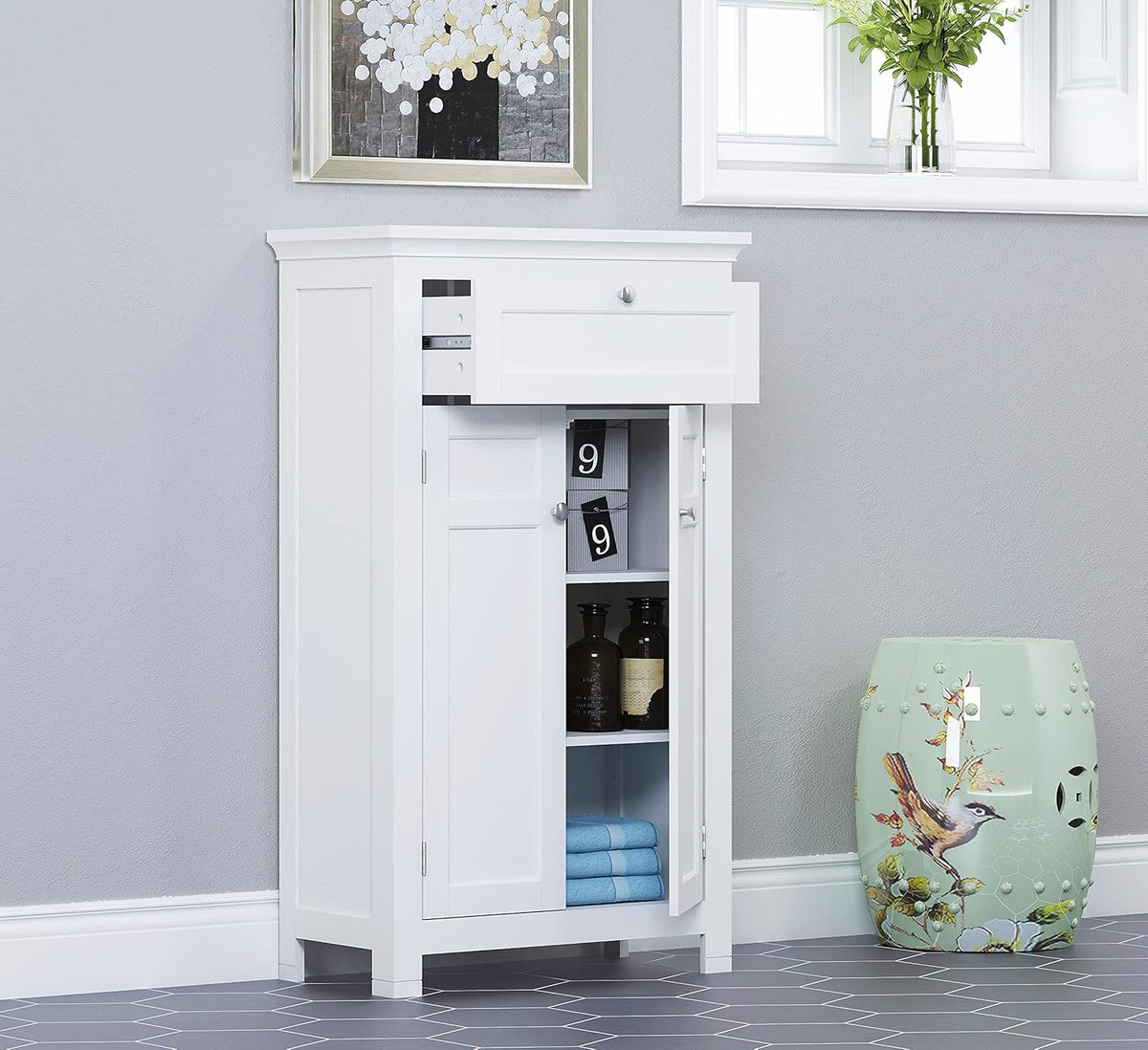 Freestanding Bathroom Cabinet with Drawer and Adjustable Shelf, White F238