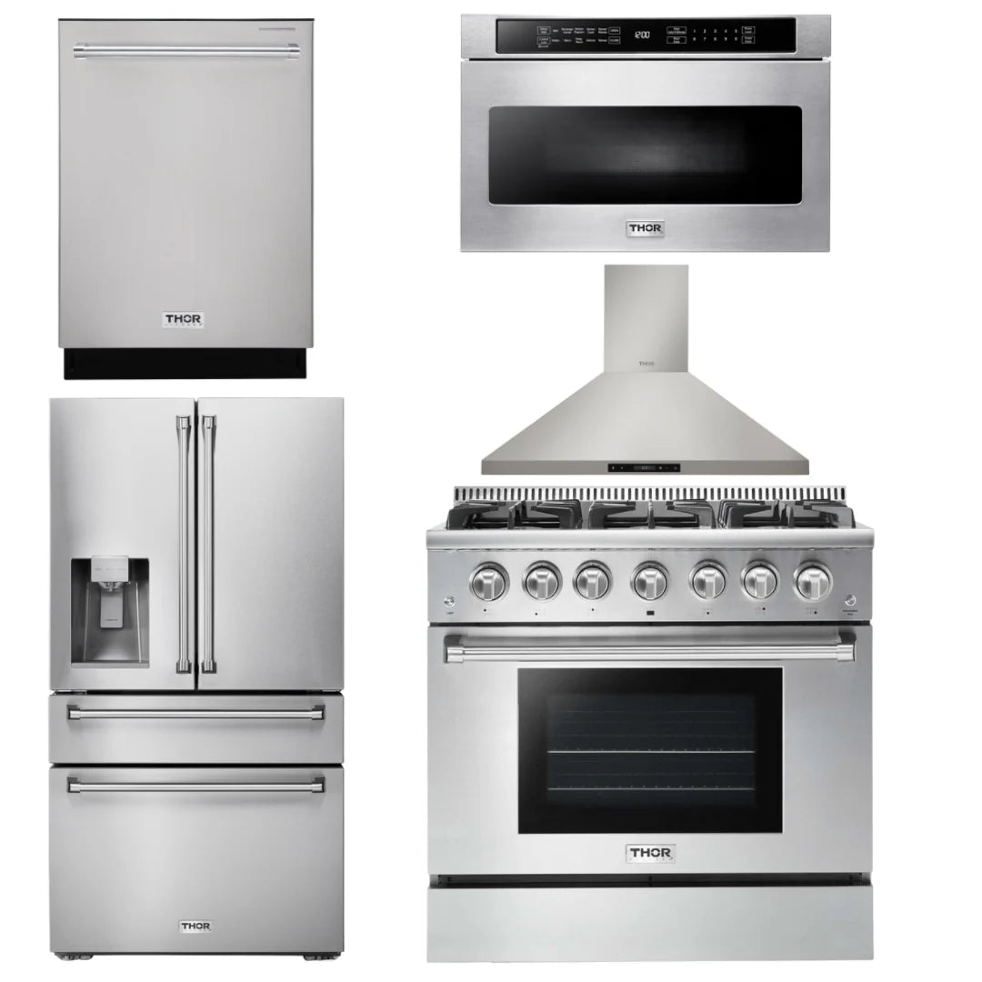36 Gas Range, Range Hood, Microwave, Refrigerator, Dishwasher H977