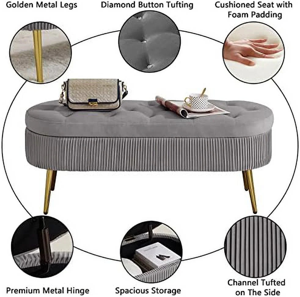 Faux Fur Ottoman Bench with Golden Metal Legs H396