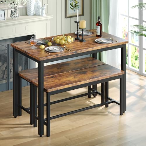 Grey 3-Piece Dining Table Set with 2 Benches E82755