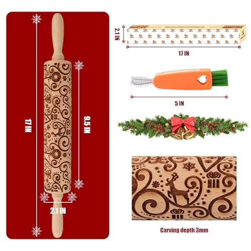17" Wooden Rolling Pins with Reindeer Embossed Designs Z273386
