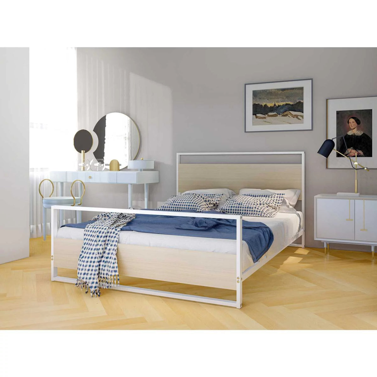 White Wooden and Metal Full Bed Frame V367470