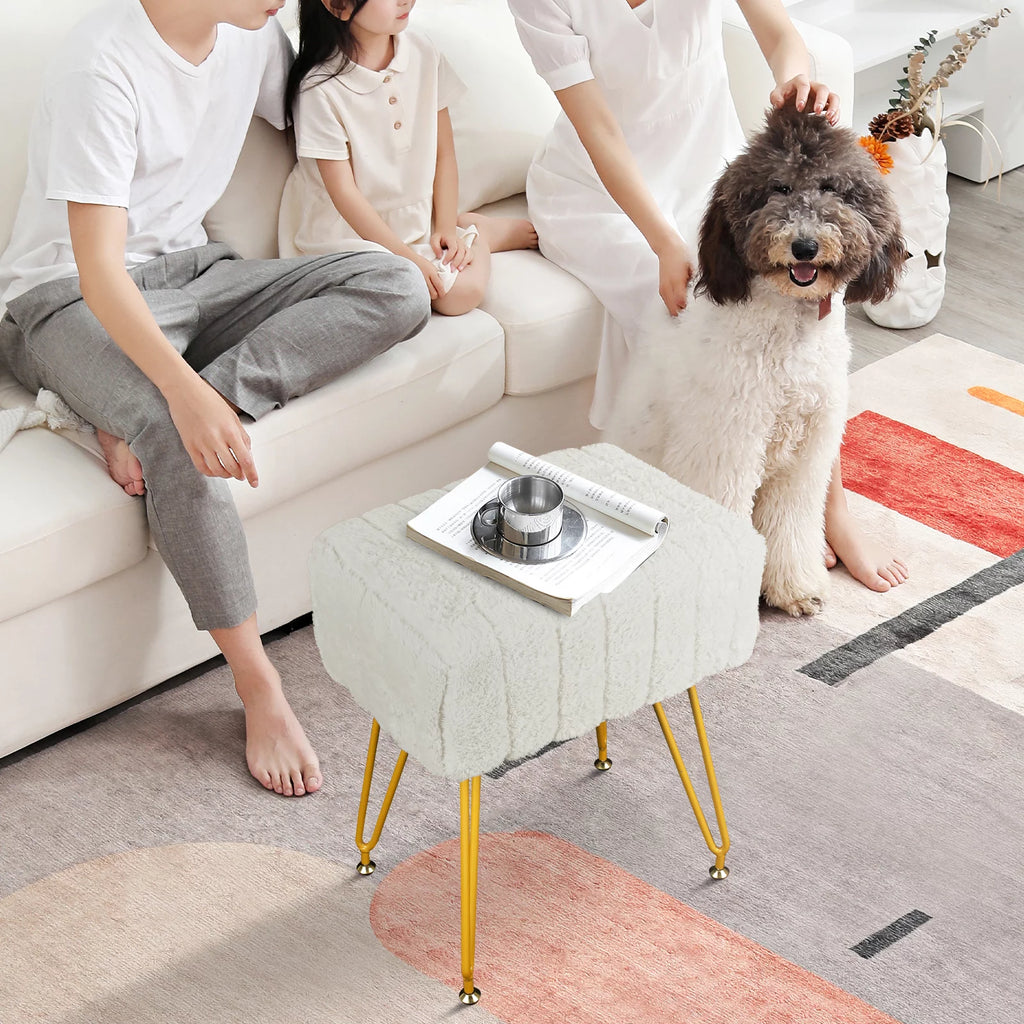 Square Faux Mink Upholstered Ottoman with Gold Legs H181019