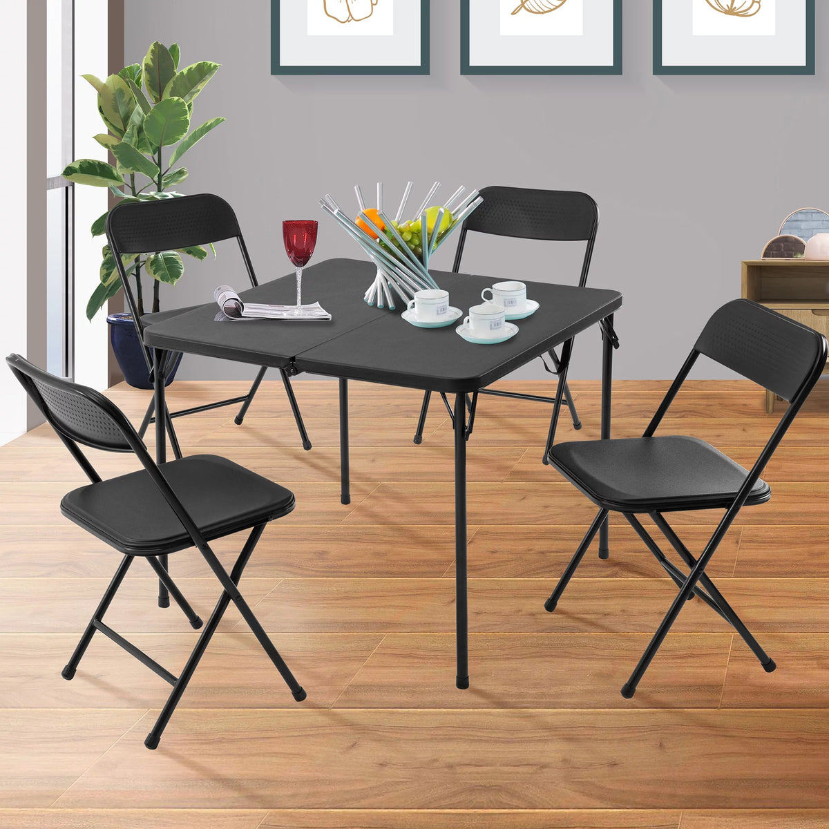 5 Piece Resin Folding Table and Chairs Set, Black K34358