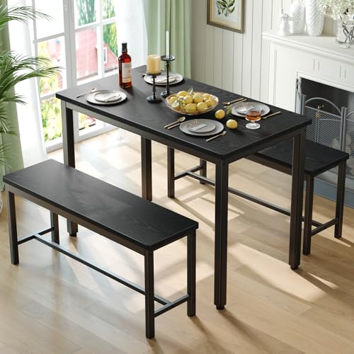 Grey 3-Piece Dining Table Set with 2 Benches E82755