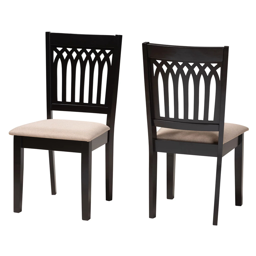 Beige Fabric Dark Brown Wood 2-Piece Dining Chair Set Z6067