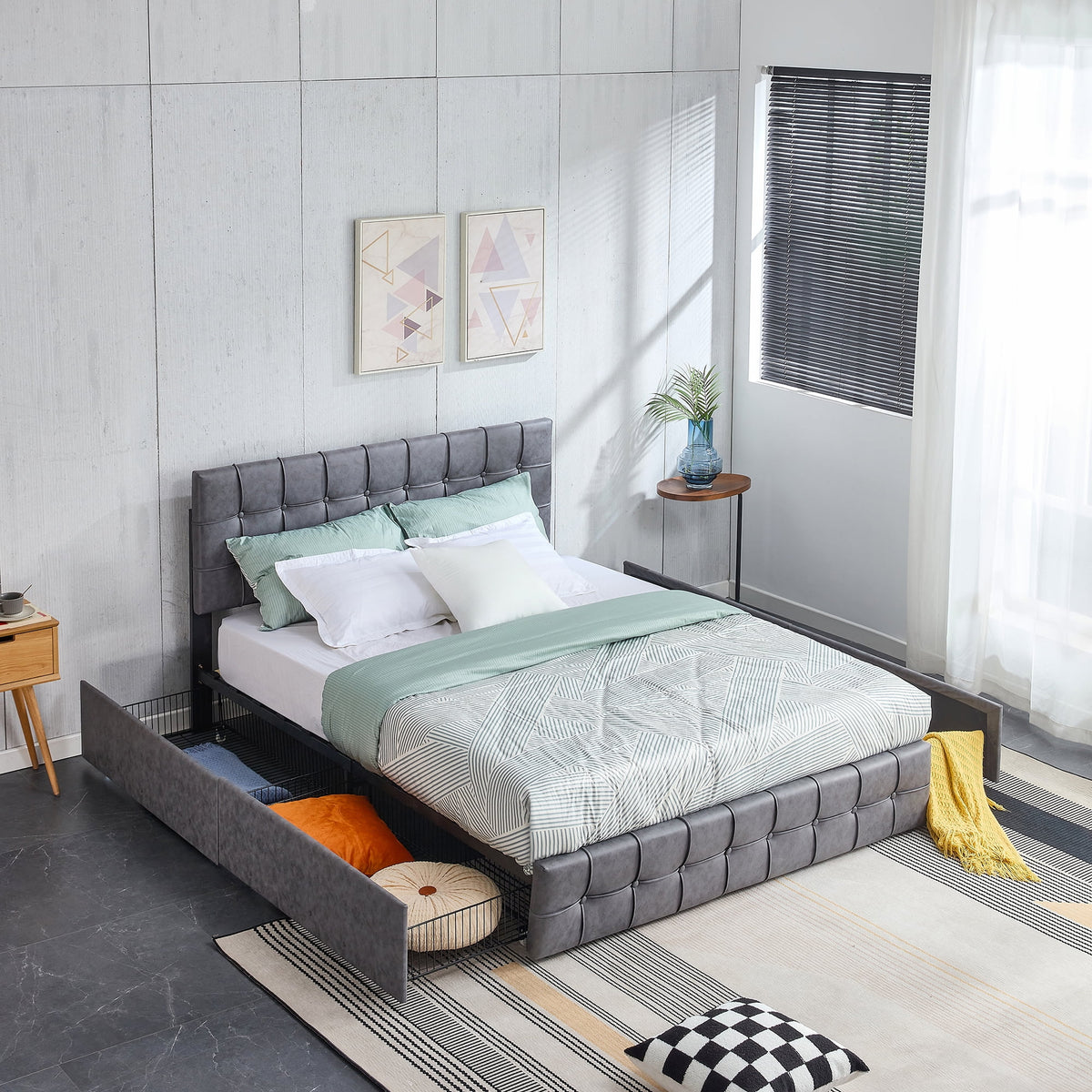 Queen Size Grey Upholstered Platform Bed Frame with 4 Storage Drawers D234